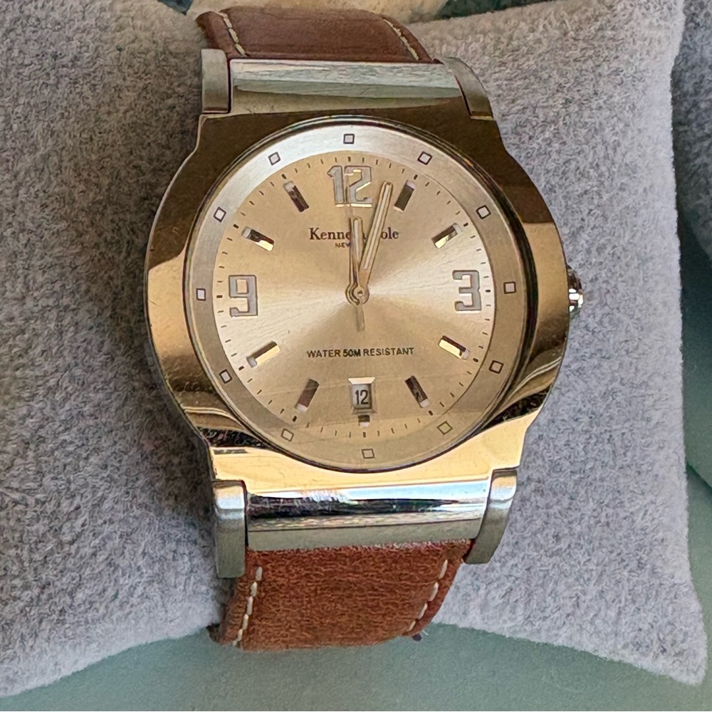 Kenneth Cole Stainless Steel Quartz Japan Movement Saddle Brown Strap Watch 40mm